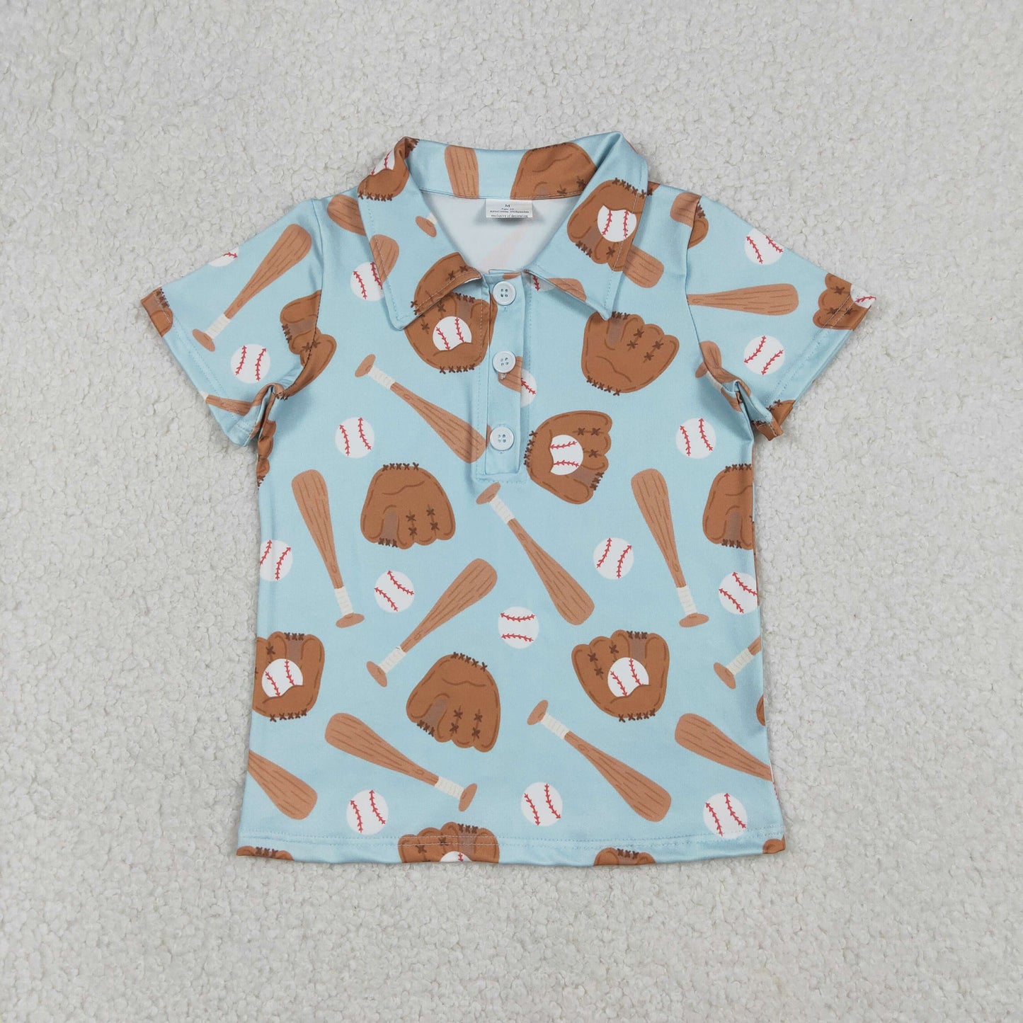 RTS NO MOQ（In Stock) Blue-green button-down short-sleeved top with baseball glove design