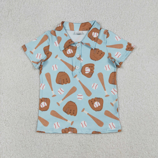 RTS NO MOQ（In Stock) Blue-green button-down short-sleeved top with baseball glove design