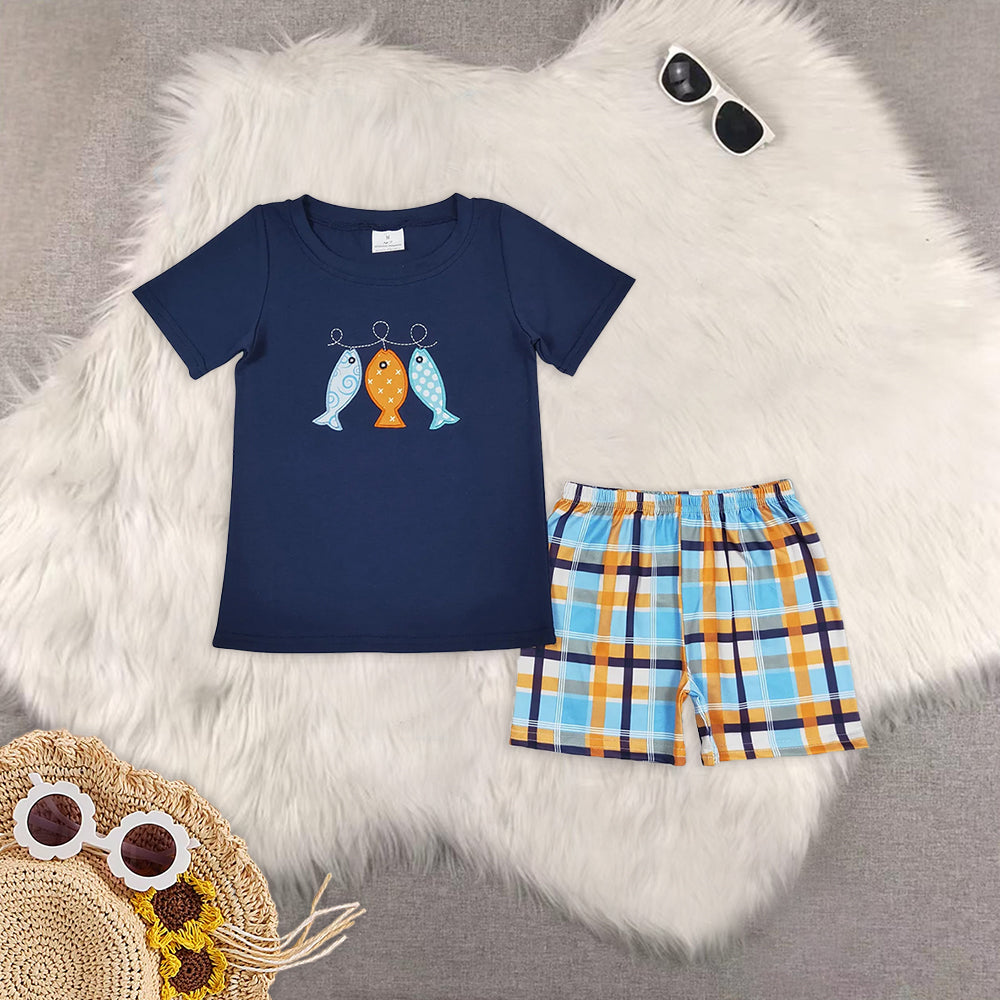 Baby Boys Blue Stripes Sibling Embroidery Summer Clothes Sets