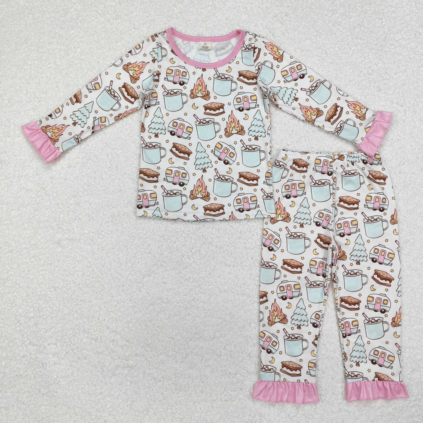 BAMBOO RTS NO MOQ ETA 5/7days GLP1502 Modal Christmas tree camper cup pink lace long-sleeved trousers pajama set