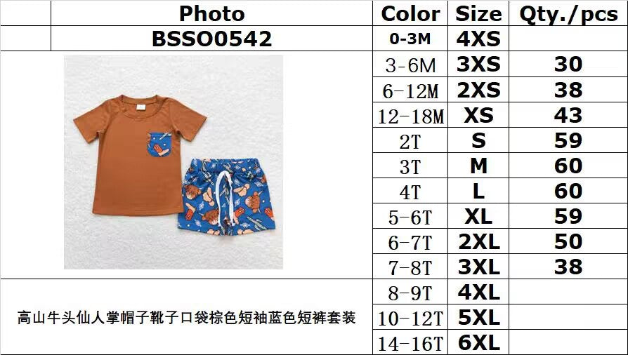 BSSO0542 Alpine Cow Head Cactus Hat Boots Pocket Brown Short Sleeve Blue Shorts Suit