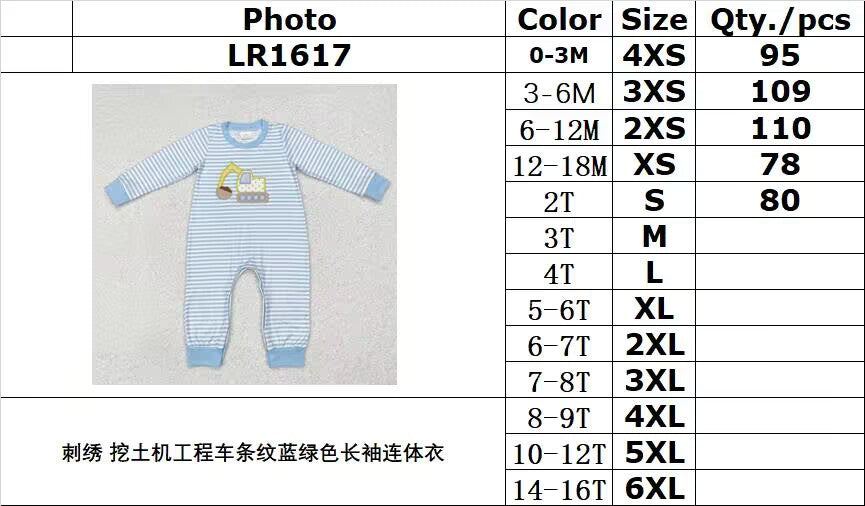 RTS NO MOQ ETA 5/7days arrived LR1617 Embroidered excavator engineering vehicle striped blue-green long-sleeved jumpsuit