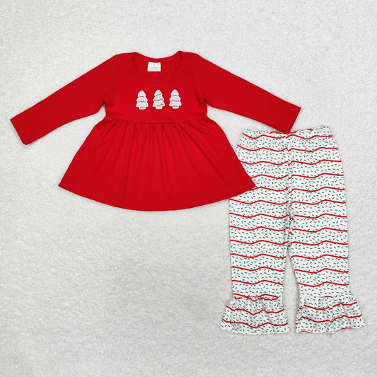 rts no moq GLP1525 Embroidered Christmas tree cookie red long sleeve striped trousers set