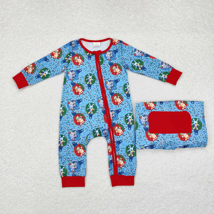 RTS NO MOQ Baby Girls and Boys Christmas Cartoon dog Blue pants sets and rompers