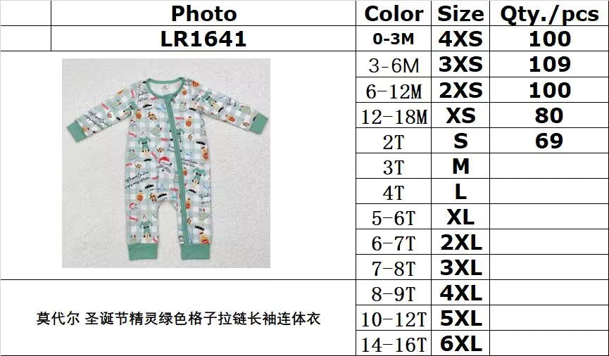 BAMBOO RTS NO MOQ ETA 5/7days Arrived LR1641 Modal Christmas elf green plaid zipper long-sleeved bodysuit