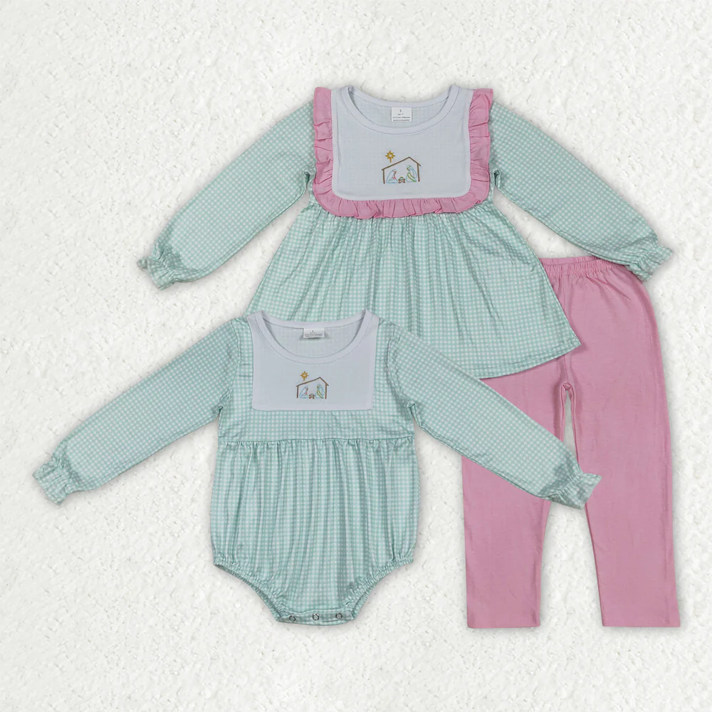 RTS Sibling baby girls clothes embroidery Christmas long Sleeve pants sets and rompers