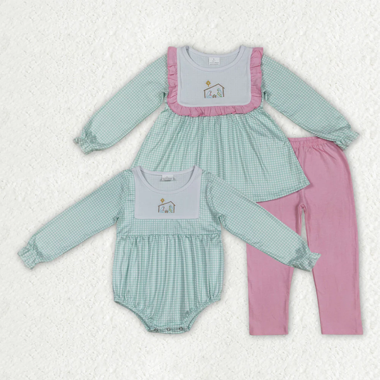 RTS Sibling baby girls clothes embroidery Christmas long Sleeve pants sets and rompers