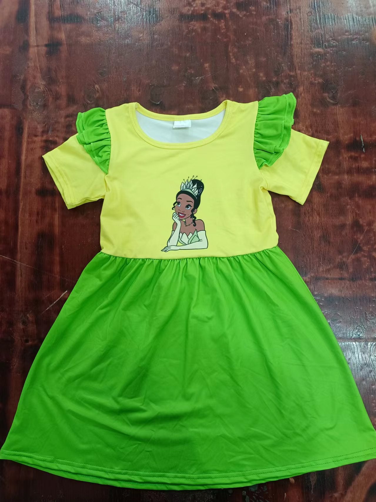 custom moq 5 eta 5weeks mix size girls clothes disney princess green short sleeve dres=s