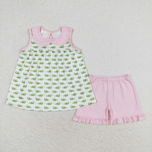 rts no moq GSSO0654 Crocodile Pink Doll Collar White Sleeveless Shorts Set