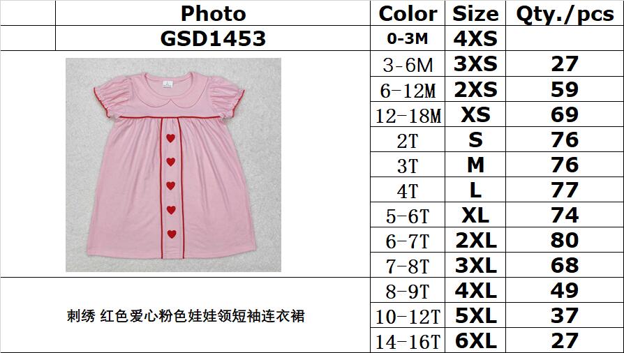 RTS NO MOQ ETA 5/7days Arrived GSD1453 Embroidered Red Heart Pink Doll Collar Short Sleeve Dress