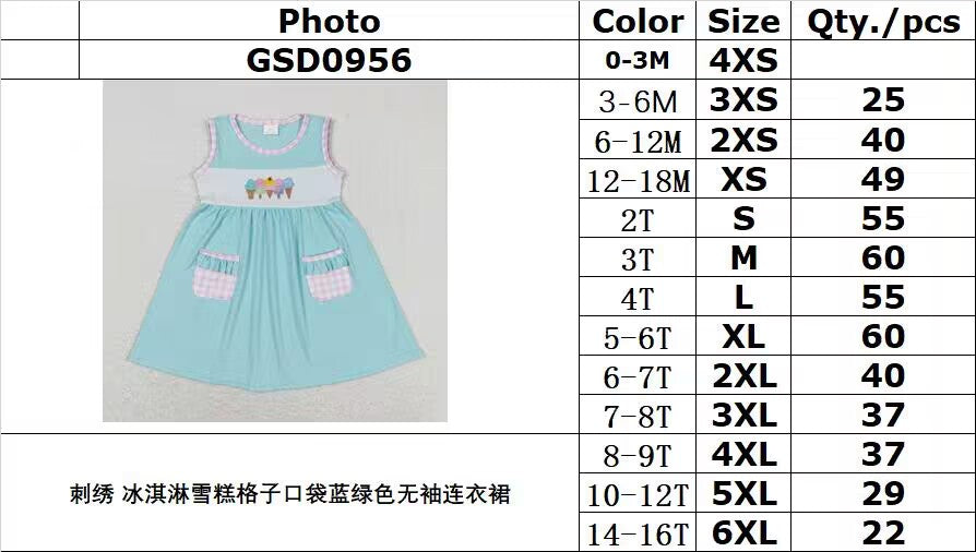 RTS no moq GSD0956 Embroidered ice cream plaid pocket teal sleeveless dress