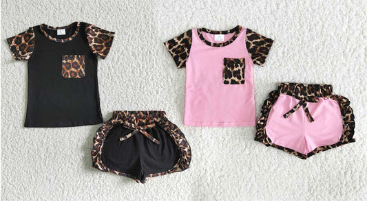 RTS no moq C1-21 +C4-12  Pink Leopard Print Pocket Tie Trousers Set Black lace-up shorts with leopard pockets