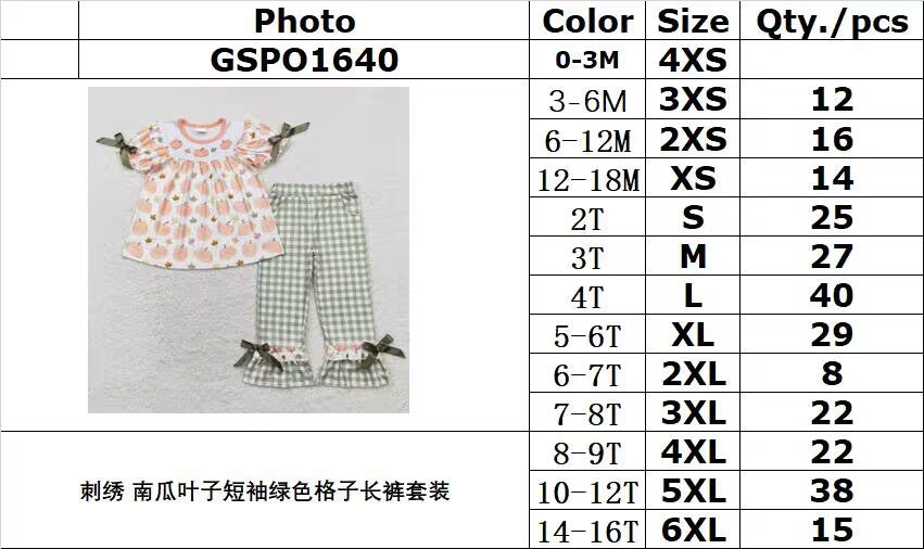 RTS NO MOQ GSPO1640 Embroidered pumpkin leaves short-sleeved green plaid trousers suit