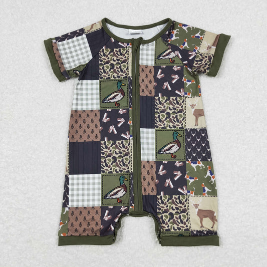 SR0902 Duck Camouflage Deer Plaid Military Green Zip Short Sleeve Jumpsuit