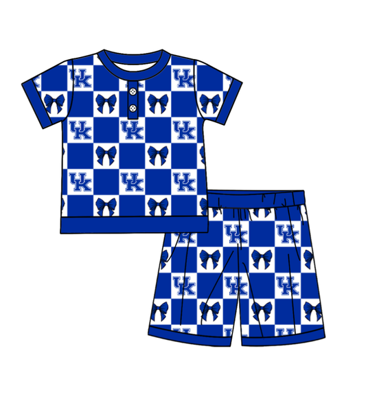 Custom moq 5 mix size milk silk summer teams baby boys clothes bow blue short sleeve shorts sets