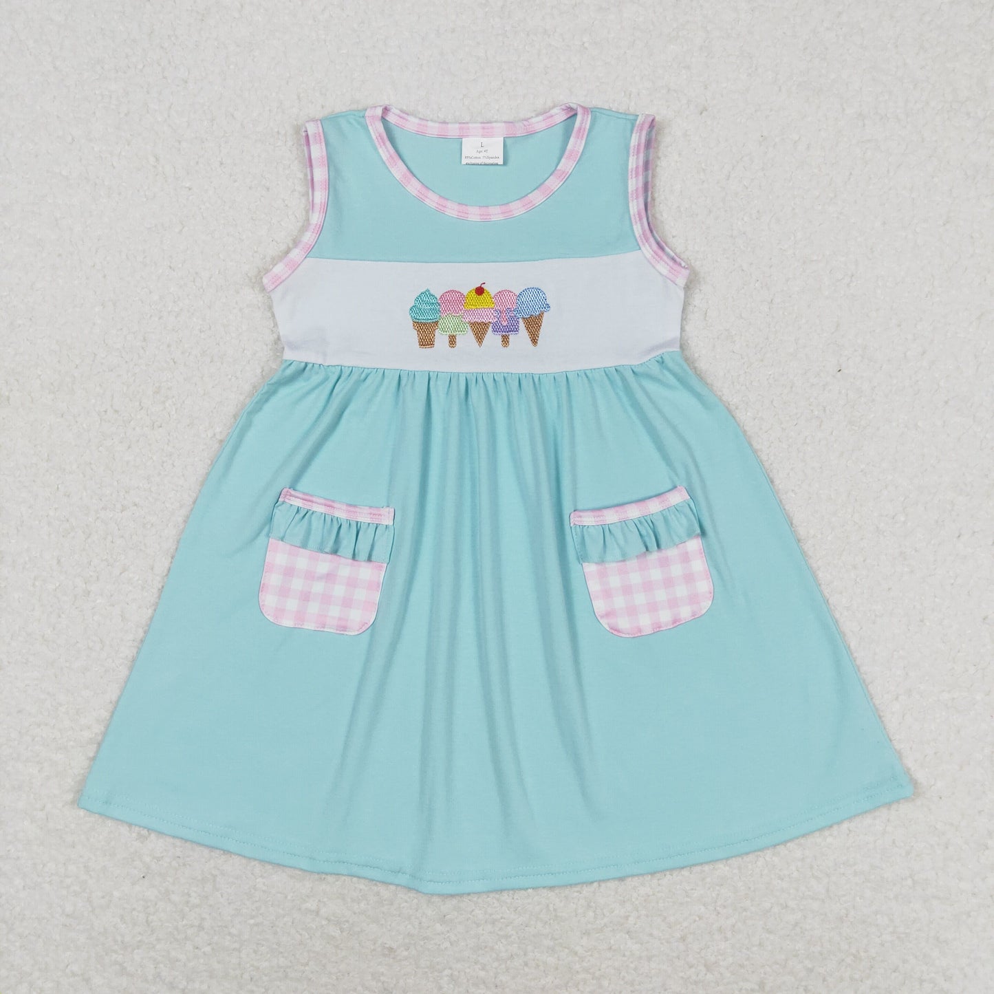 RTS no moq GSD0956 Embroidered ice cream plaid pocket teal sleeveless dress