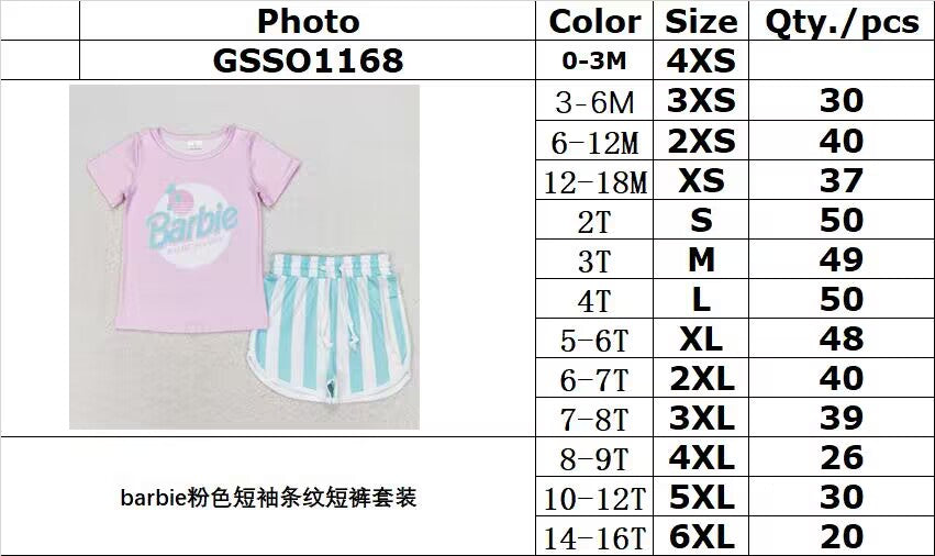 RTS no moq GSSO1168 Barbie pink short-sleeved striped shorts set