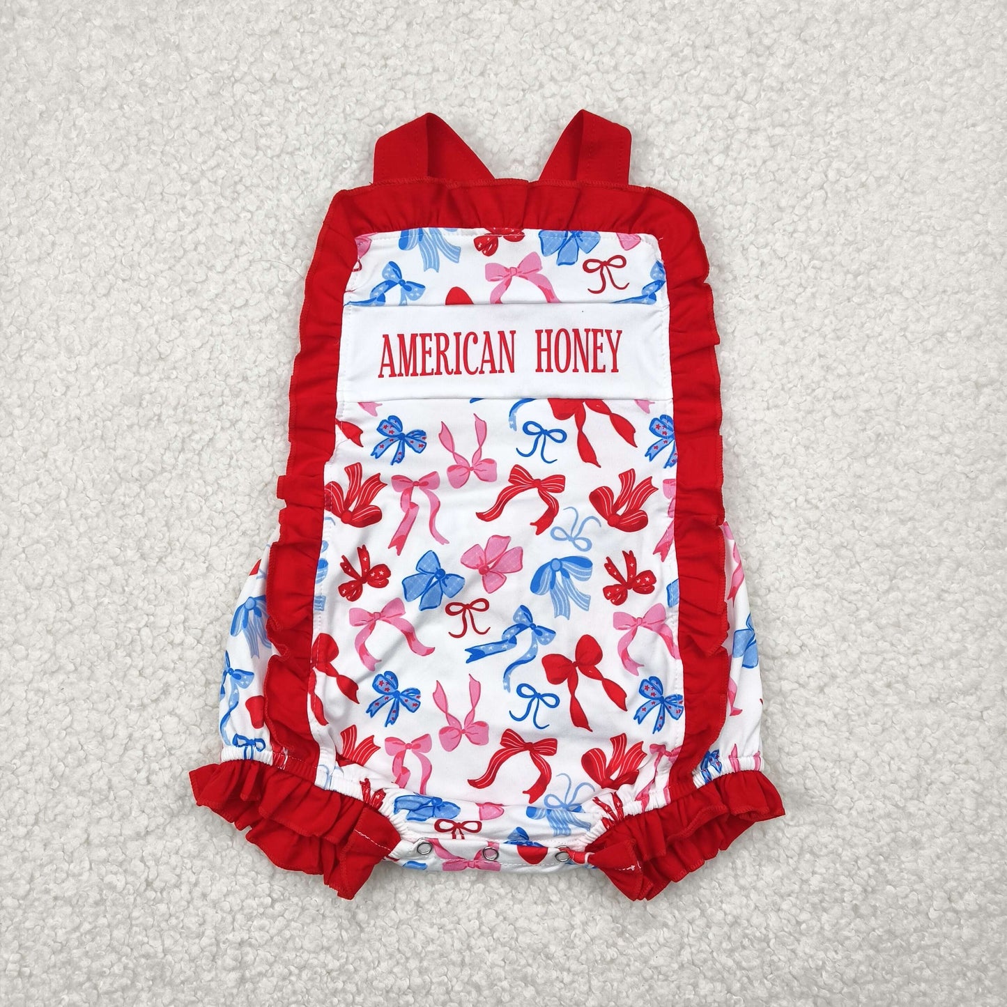 RTS NO MOQ SR3048 american honey letter National Day bow pattern red lace vest jumpsuit