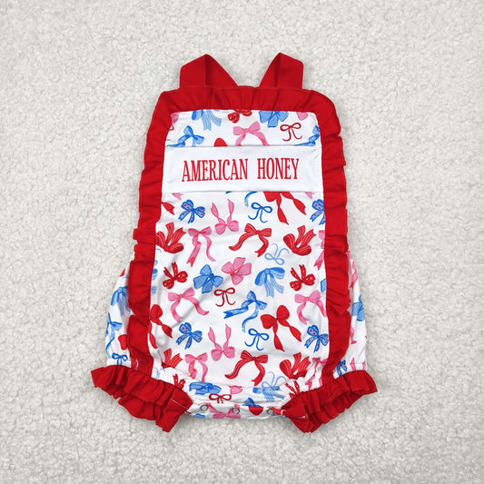RTS NO MOQ SR3048 american honey letter National Day bow pattern red lace vest jumpsuit