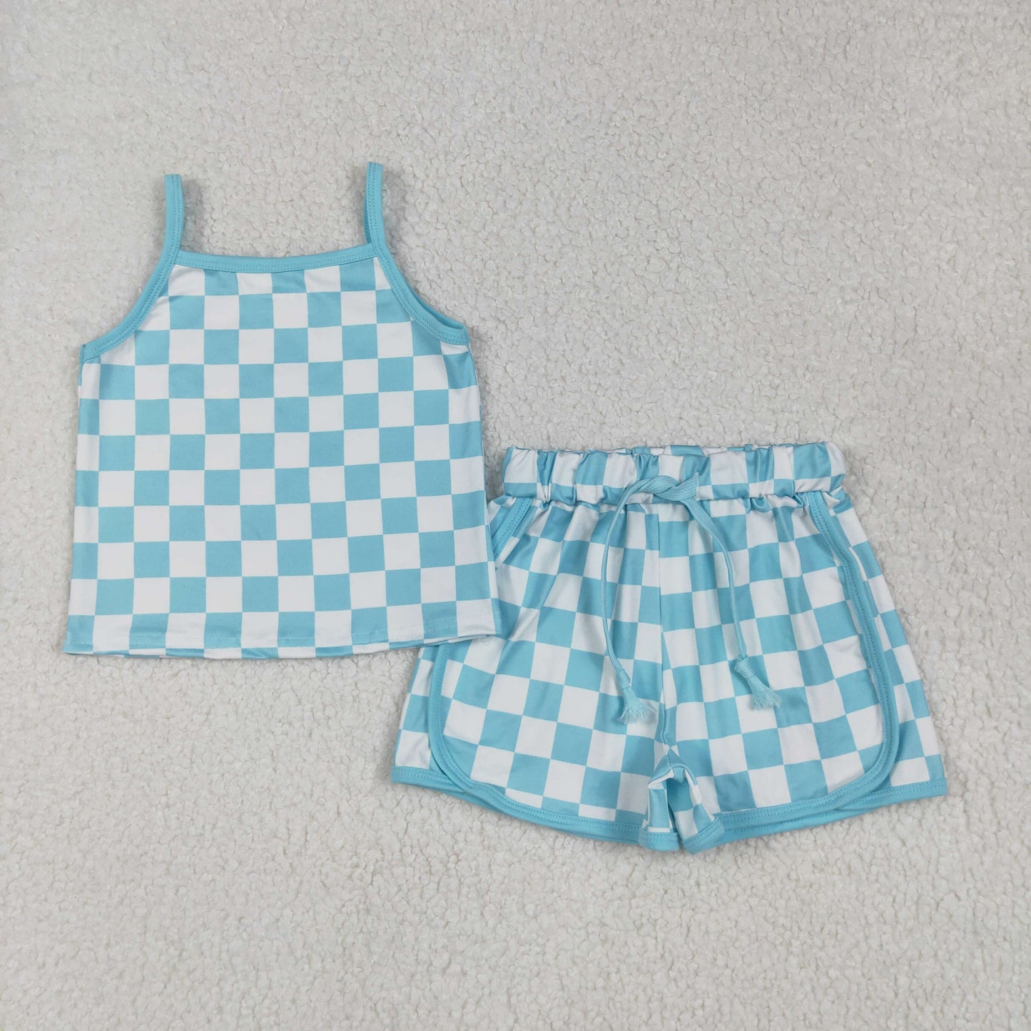 RTS NO MOQ GSSO2332 Blue and white plaid suspender shorts set