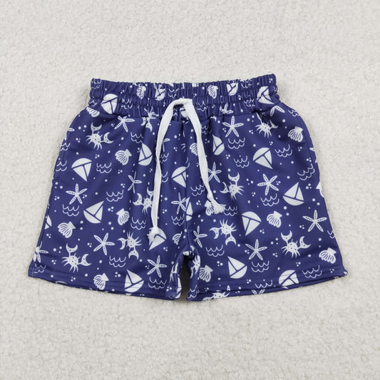 RTS NO MOQ（In Stock) Crab Starfish Sailboat Navy Blue Swim Trunks