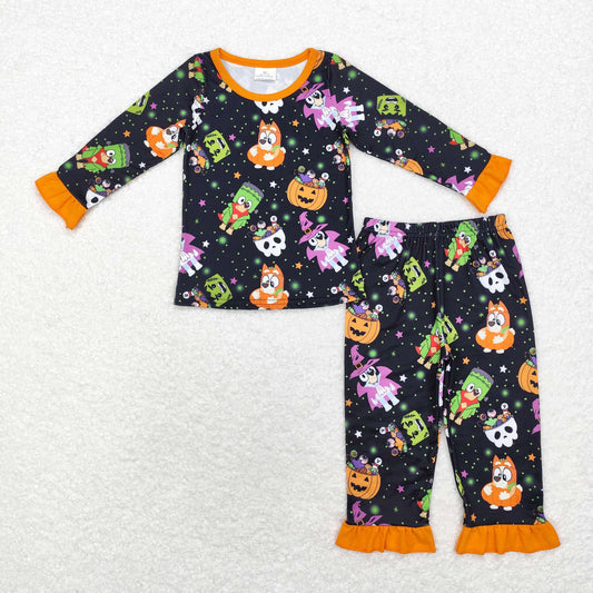 rts no moq GLP1756 bluey Halloween pumpkin star lace black and orange long sleeve trousers pajama set