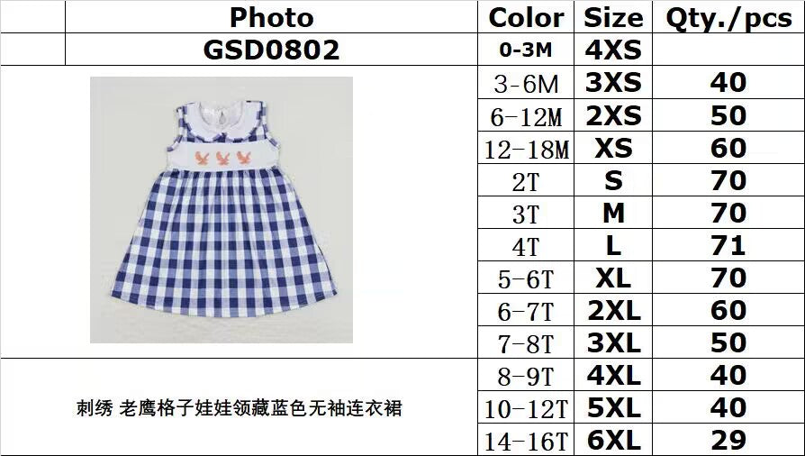 GSD0802 Embroidered eagle plaid baby collar navy blue sleeveless dress