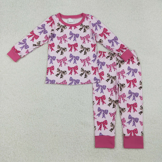 RTS NO MOQ（In Stock) GLP2730 Rose red long-sleeved pajama set with colorful bows and stars