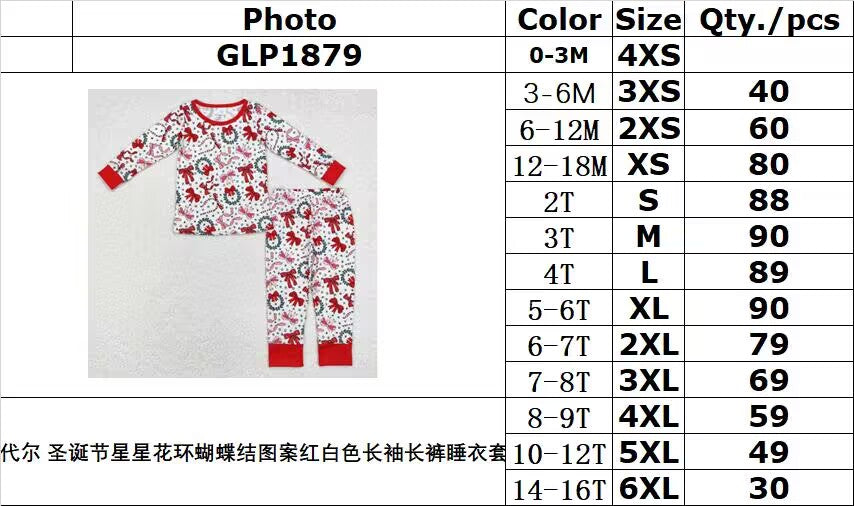 BAMBOO RTS NO MOQ ETA 5/7days GLP1879 Modal Christmas star wreath bow pattern red and white long-sleeved pants pajamas set