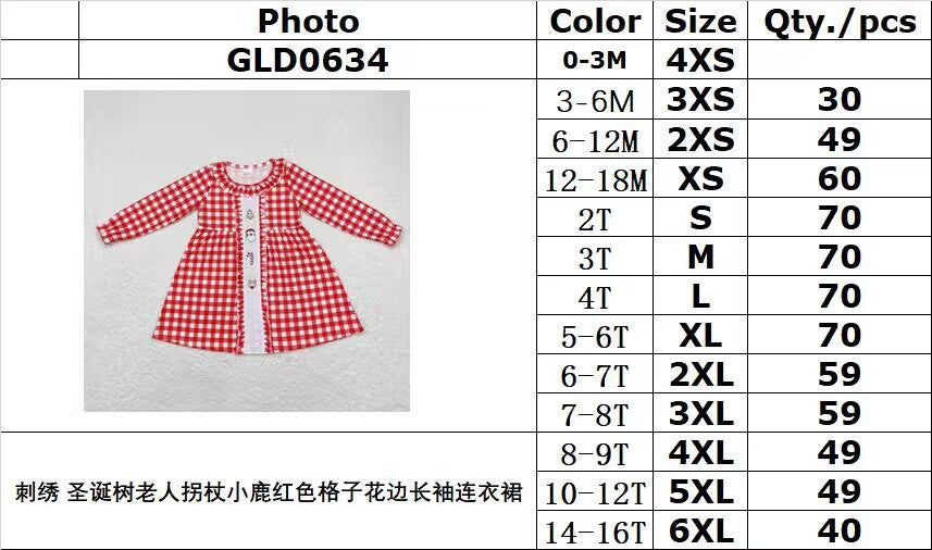 rts no moq GLD0634 Embroidered Christmas tree, old man with cane, deer, red plaid lace long-sleeved dress