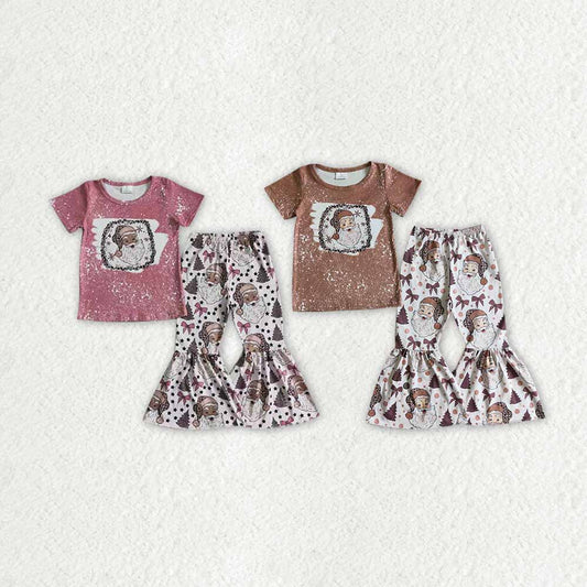 RTS NO MOQ GSPO0180 GSPO0181 Leopard Santa Short Sleeve Flared Pants Set: Pink & Brown