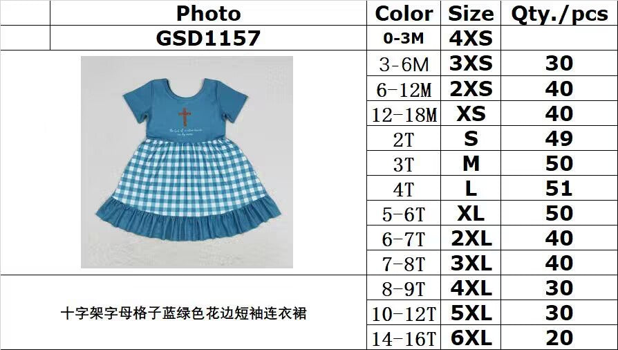 RTS no moq GSD1157 Cross letter plaid teal lace short-sleeved dress