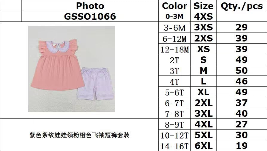 rts no moq GSSO1066 Purple striped doll collar pink and orange flying sleeve shorts suit