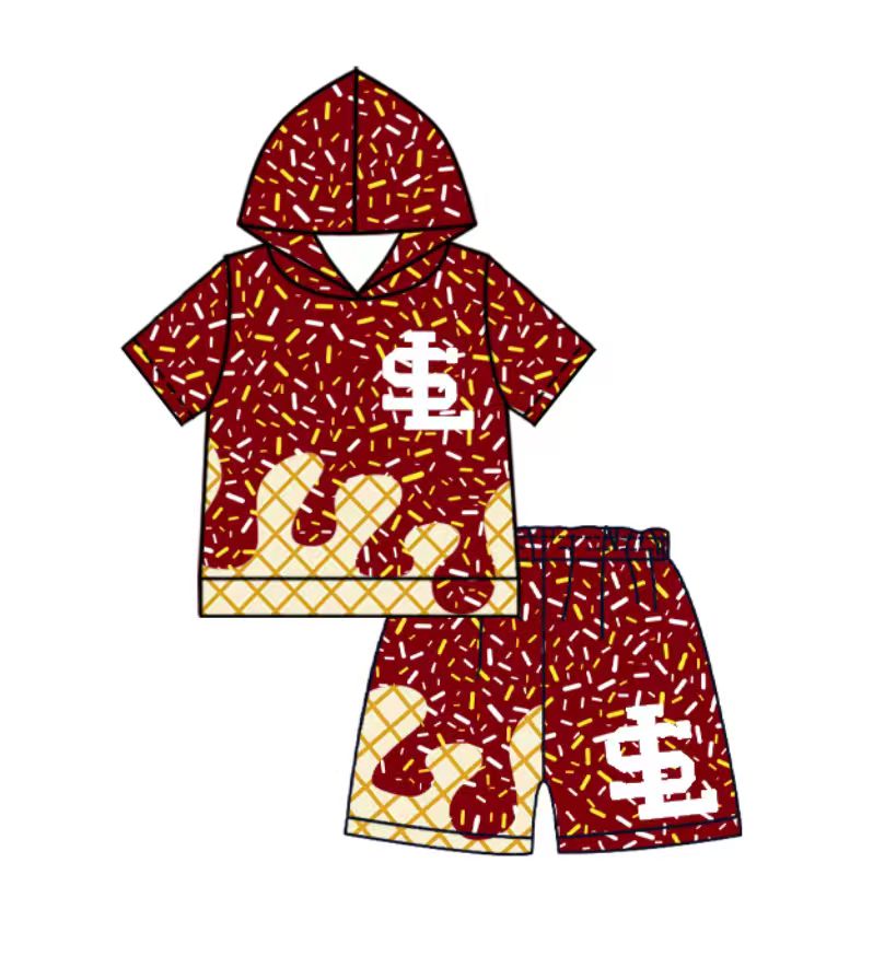 Custom moq 5 mix size milk silk summer teams baby boys clothes brick red hooded short sleeve shorts sets and top and shorts