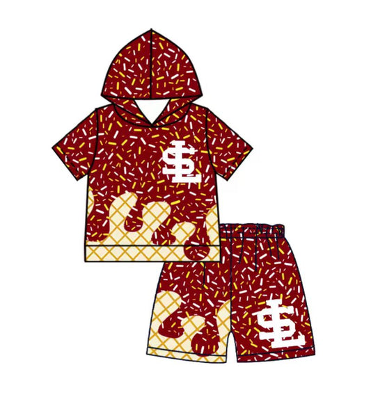 Custom moq 5 mix size milk silk summer teams baby boys clothes brick red hooded short sleeve shorts sets and top and shorts