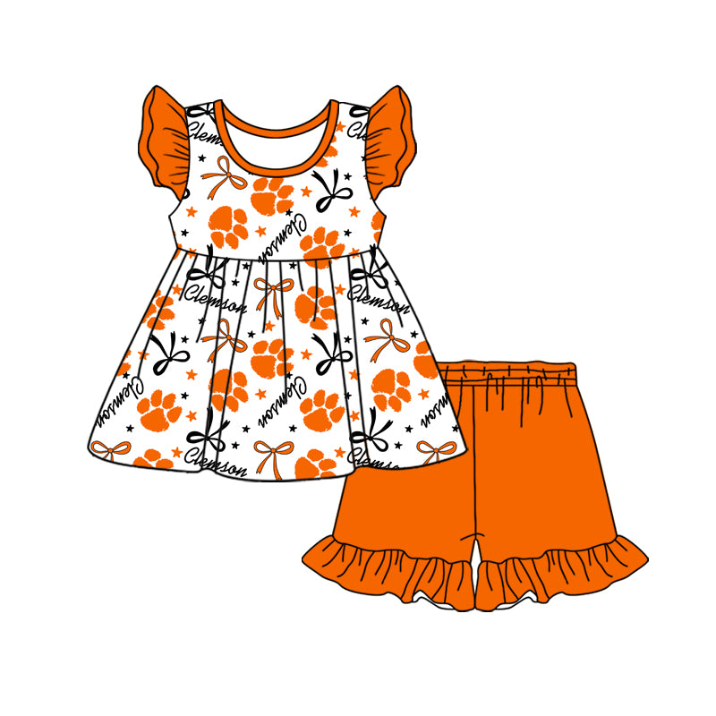 custom moq 3 eta 6-7weeks baby girls clothes team bow orange short Sleeves Shorts Set
