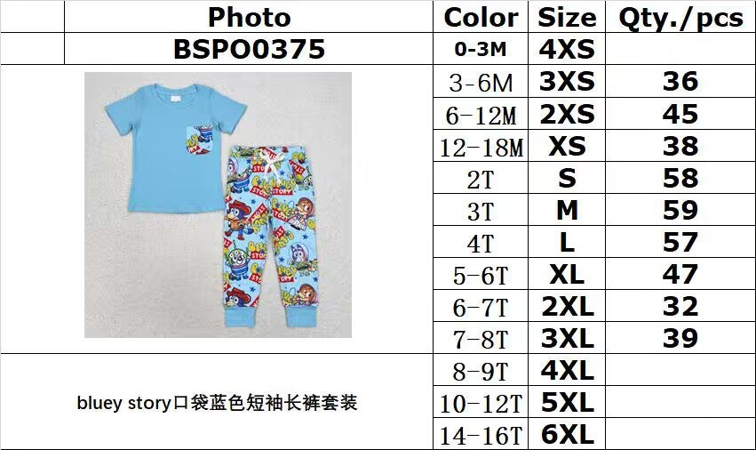 RTS NO MOQ BSPO0375 bluey story pocket blue short-sleeved trousers set