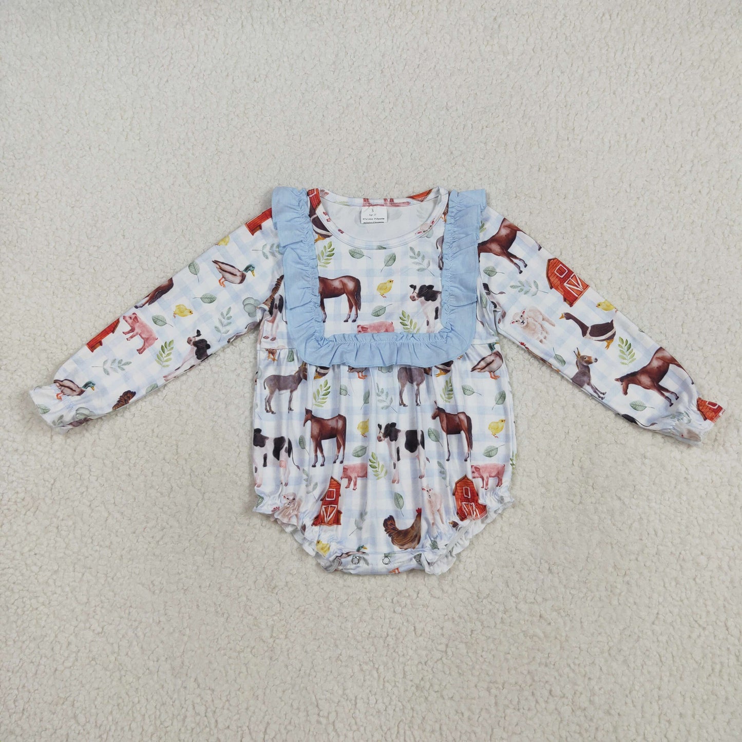 RTS NO MOQ（In Stock) LR2362 Farm Animal Red House Blue Lace Plaid Long-Sleeved Bodysuit