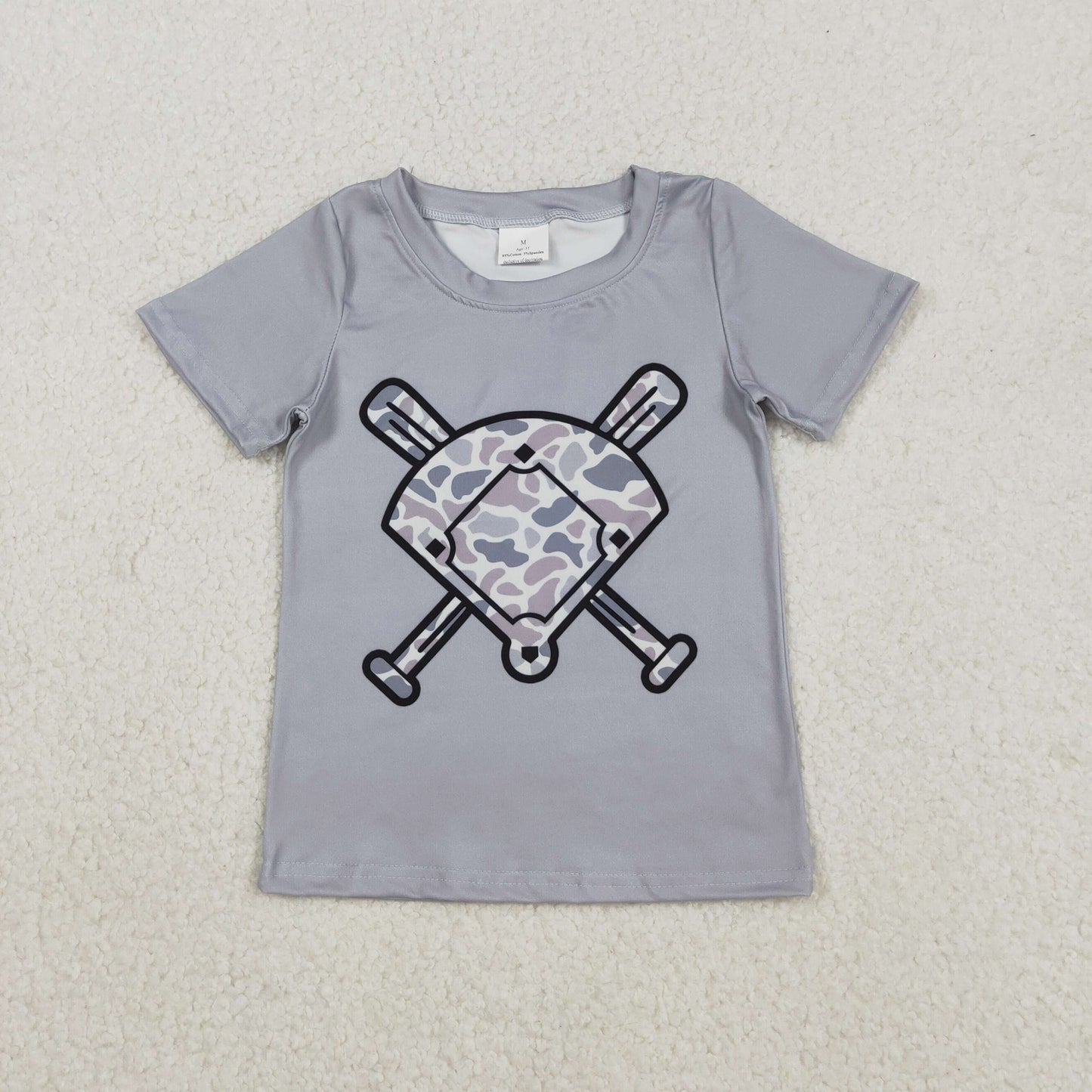 RTS NO MOQ（In Stock) BT1421 Gray-blue camouflage fan-shaped baseball short-sleeved top