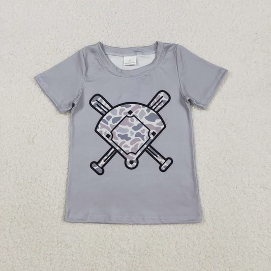 RTS NO MOQ（In Stock) BT1421 Gray-blue camouflage fan-shaped baseball short-sleeved top