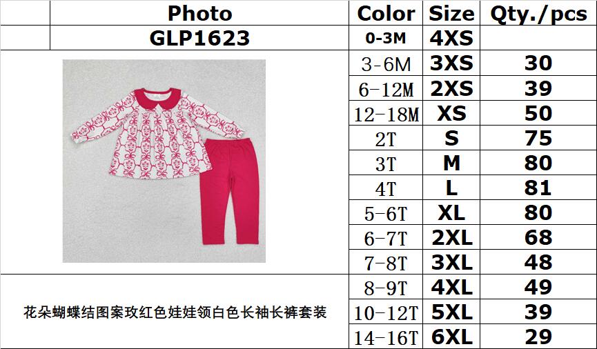 RTS NO MOQ ETA 5/7days Arrived GLP1623 Flower bow pattern rose red doll collar white long sleeve pants suit