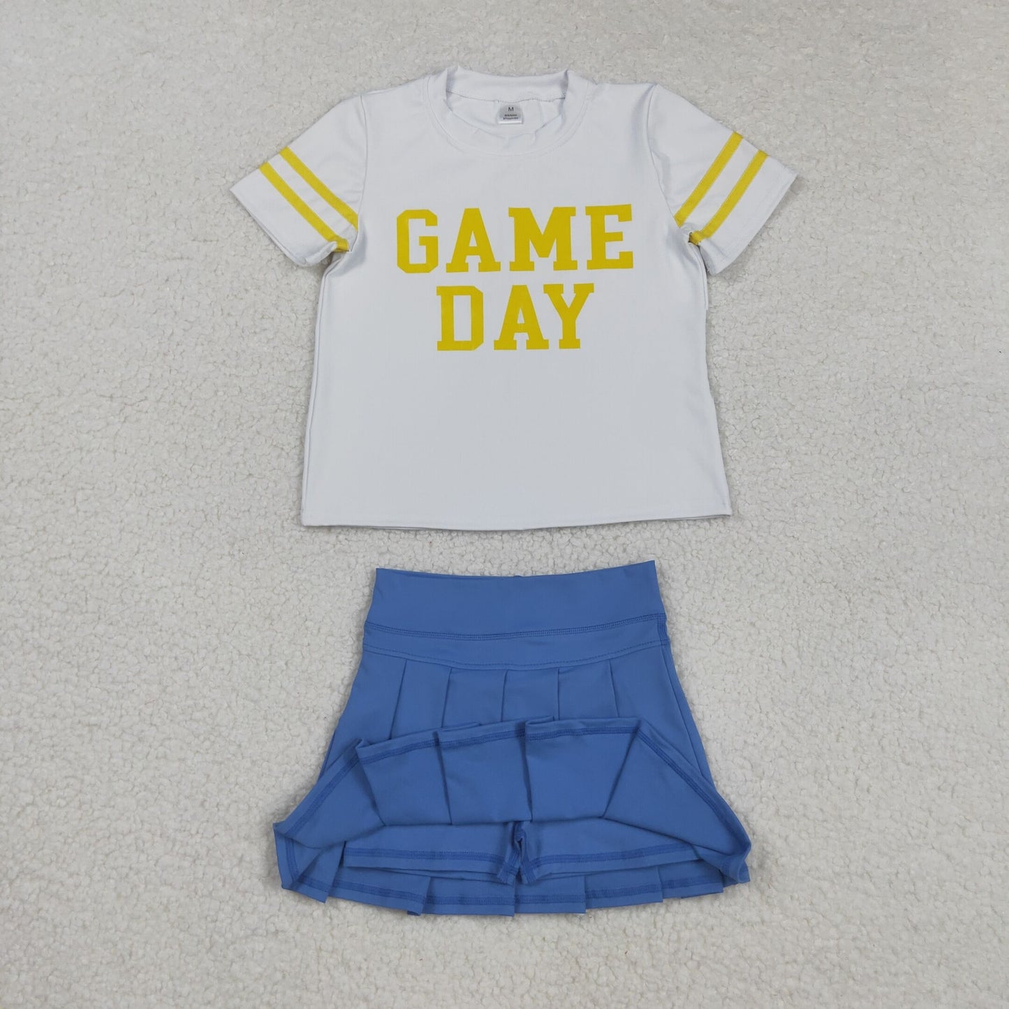 RTS NO MOQ（In Stock) GT1101+GLK0084 Game Day Offset Yellow Lettering Striped White Short-Sleeved Yoga Top Solid Blue Yoga Skirt set
