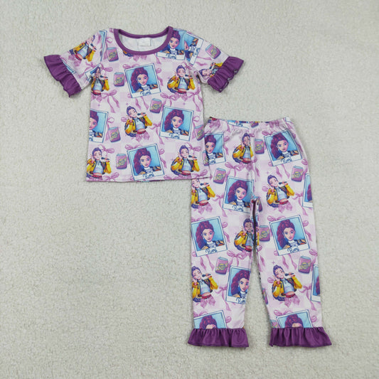 12/18m-14/16t RTS NO MOQ（In Stock) Kpop Photo Bow Pattern Plaid Purple Lace Short-Sleeved Pants Pajama Set