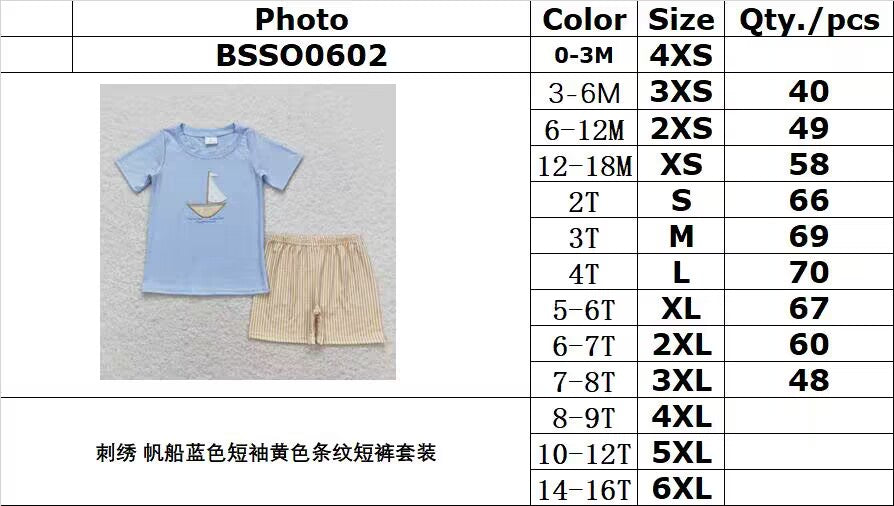 BSSO0602 Embroidered Sailing Blue Short Sleeve Yellow Striped Shorts Set