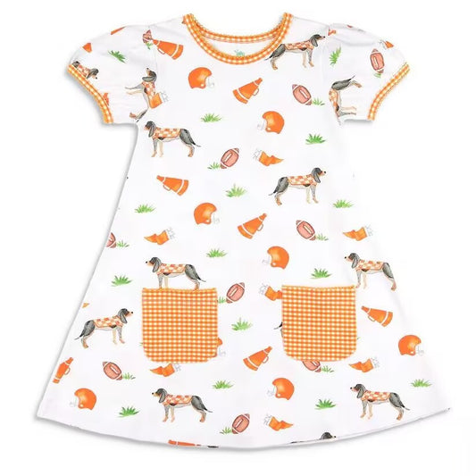 custom moq 3 eta 6-7weeks baby girls clothes dog orange short sleeve Dress