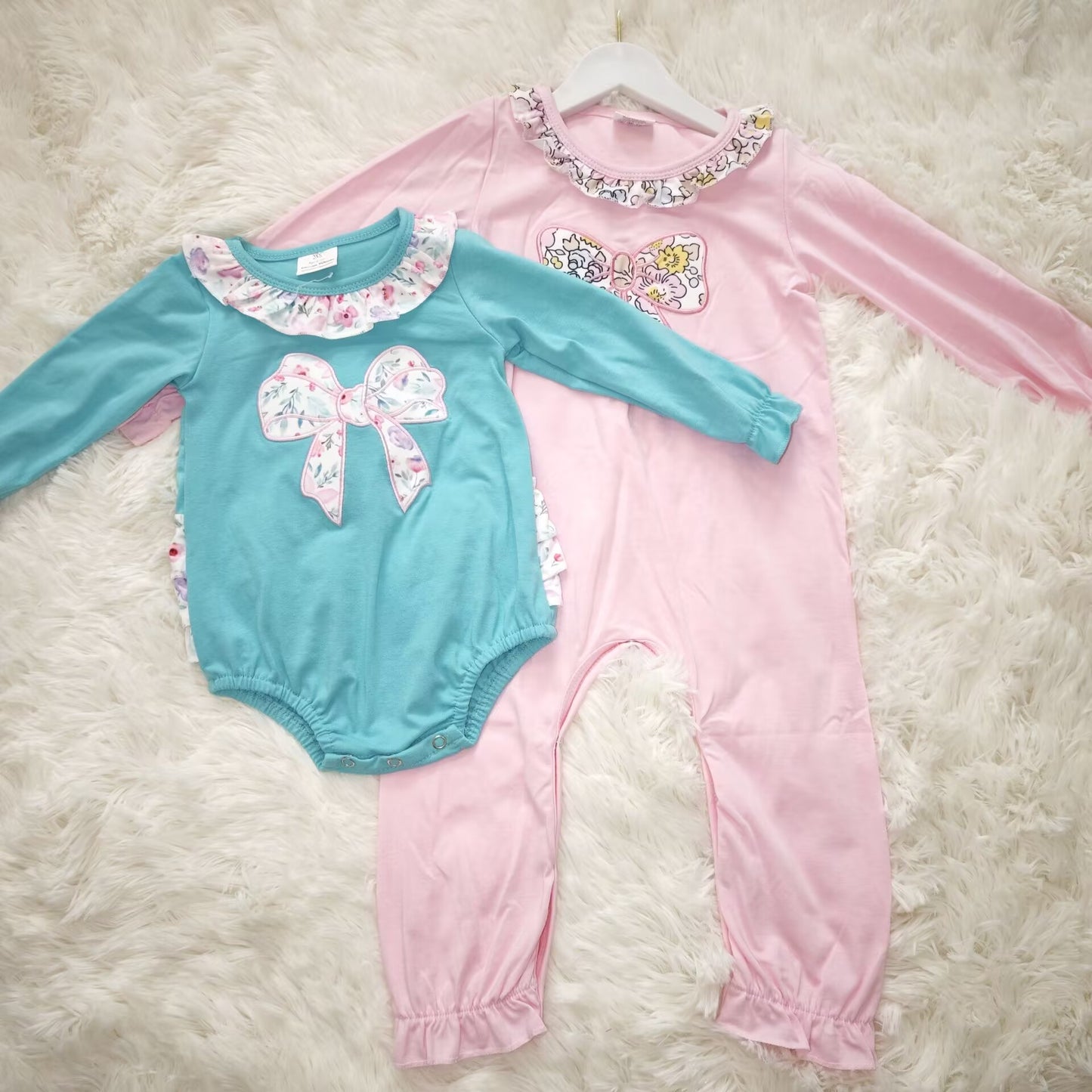 RTS NO MOQ Sibling baby girl clothes embroidery bow long sleeve rompers