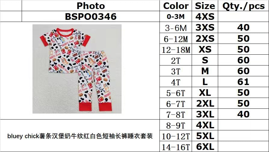 BSPO0346 bluey chick French fries burger cow pattern red and white short-sleeved trousers pajama set