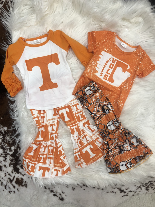 RTS NO MOQ Sibling baby girl clothes team orange Long Sleeve pant Set and short pants