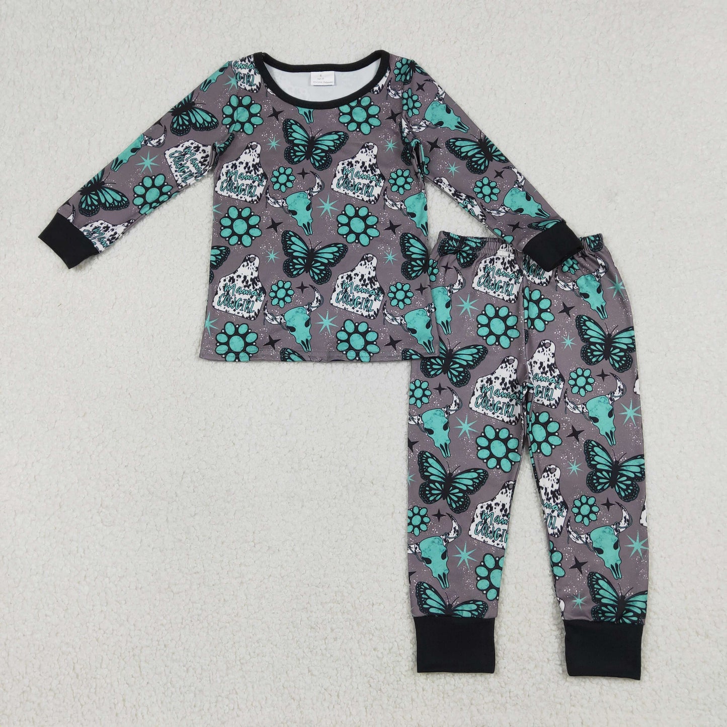 RTS NO MOQ（In Stock) Mama's Cowgirl Gemstone Butterfly Alpine Bull Head Gray Long-Sleeve Long Pants Pajama Set