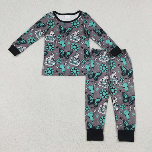 RTS NO MOQ（In Stock) Mama's Cowgirl Gemstone Butterfly Alpine Bull Head Gray Long-Sleeve Long Pants Pajama Set